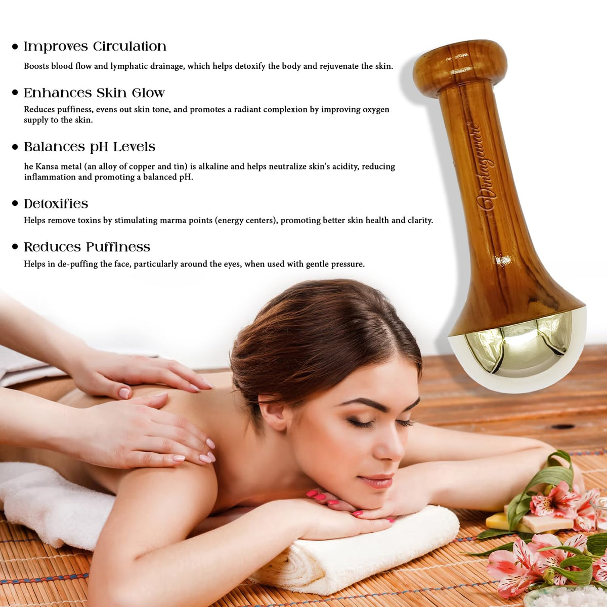 Kansa Wand Face & Foot Massager – Ayurvedic Bronze Massage Tool with Wooden Handle