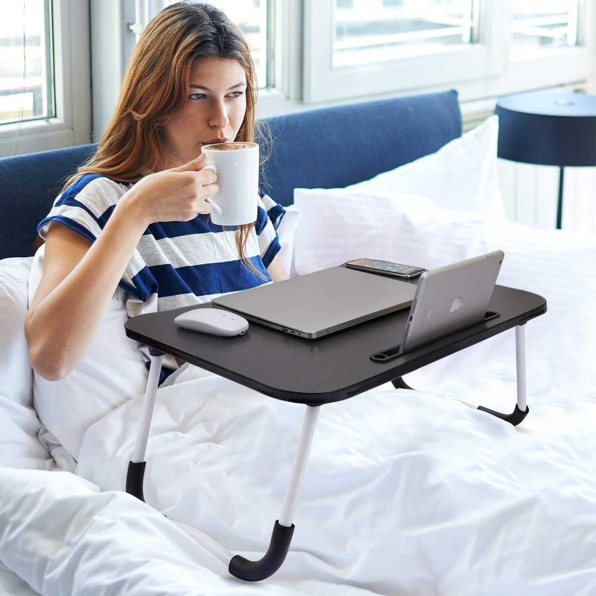 Foldable Laptop Table T1 | Portable Bed & Sofa Table with Cup Holder and Tablet Slot