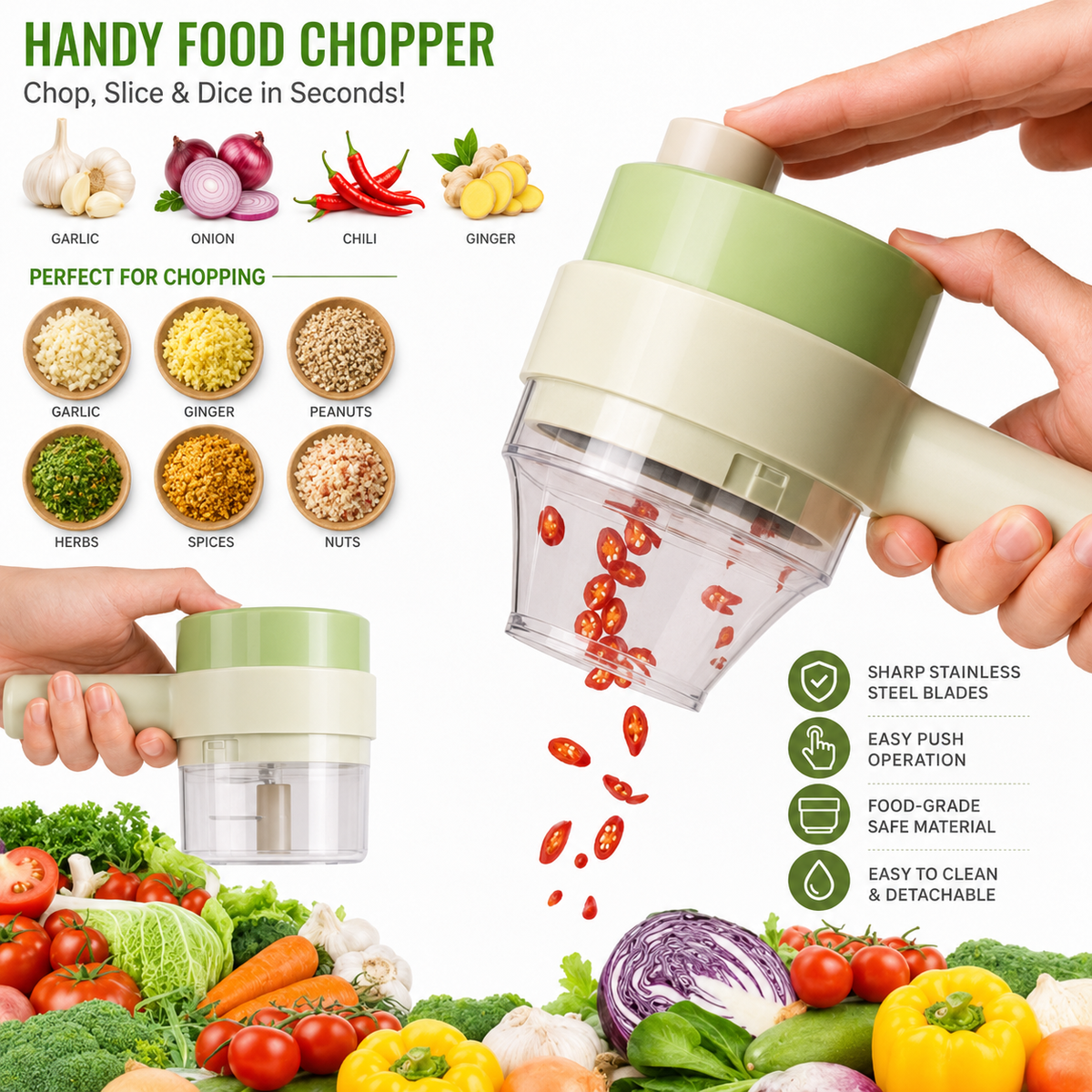 Electric Handheld Vegetable Cutter | Mini Food Chopper & Slicer with Stainless Steel Blade