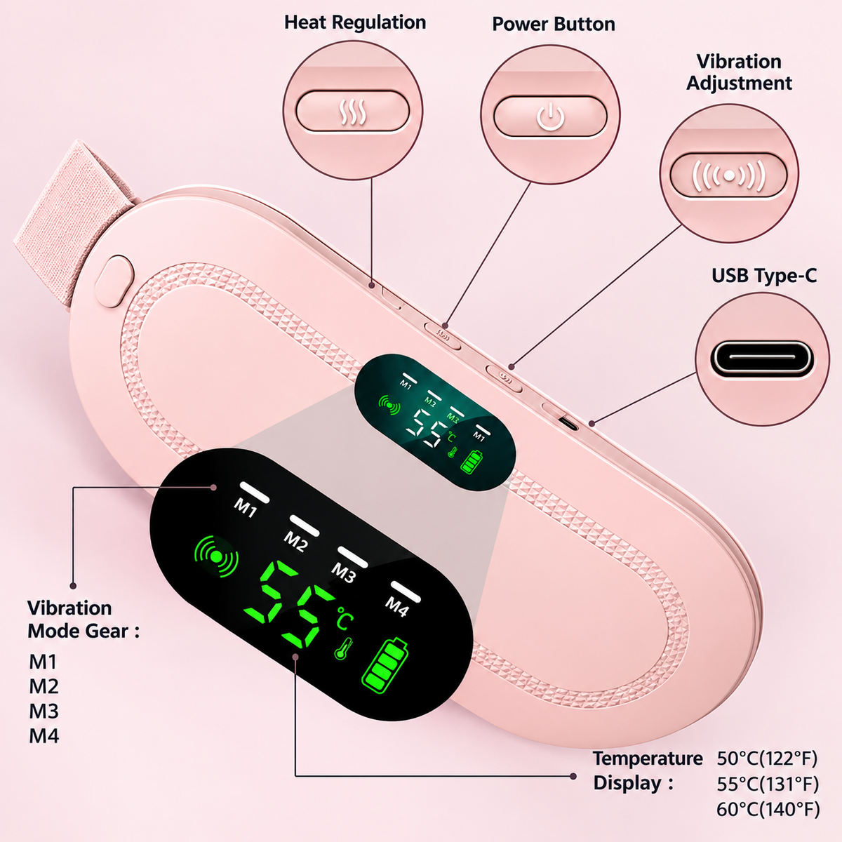 Portable Menstrual Heating Pad Belt for Period Pain & Cramp Relief – 3 Heat Levels & 4 Massage Modes