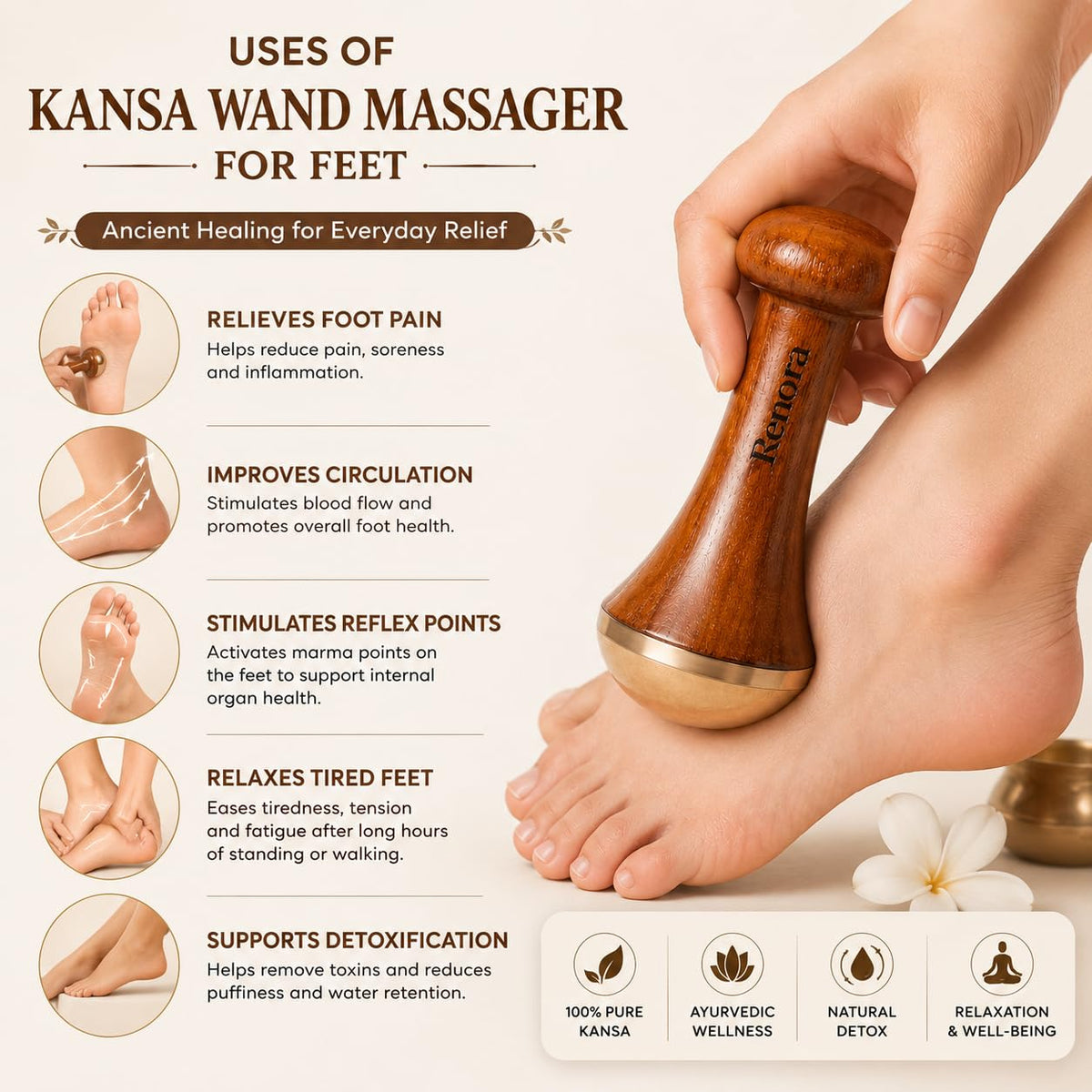 Kansa Wand Face & Foot Massager – Ayurvedic Bronze Massage Tool with Wooden Handle