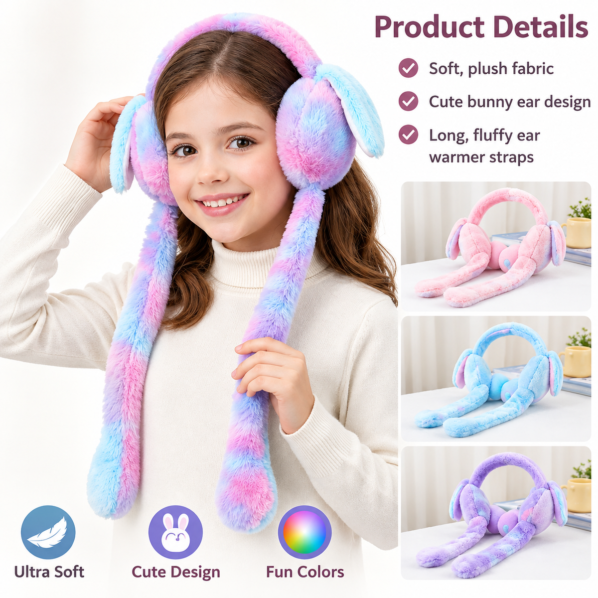 Cute Bunny Plush Ear Muff Winter Cap | Soft Warm Winter Headwear for Women & Girls