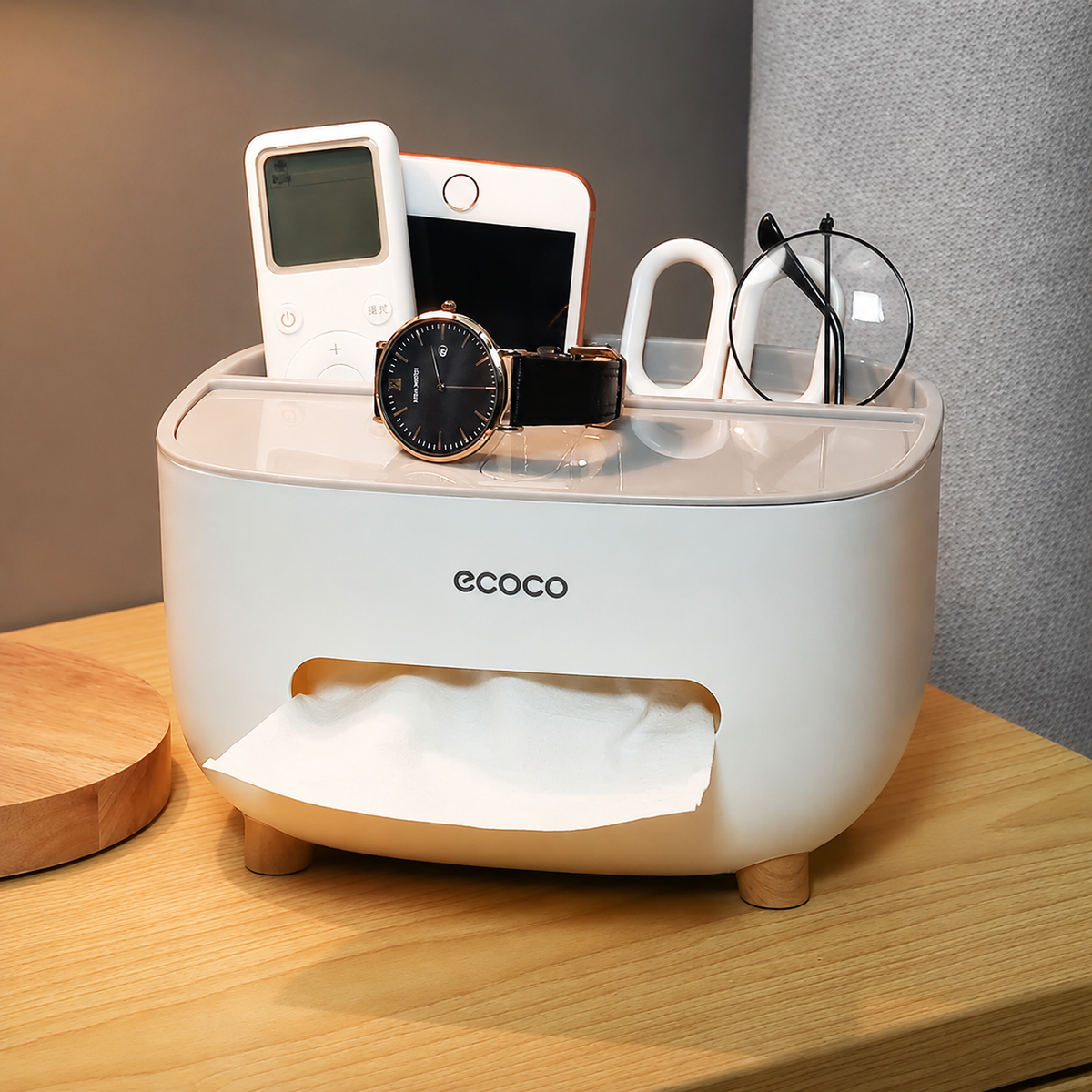 Ecoco Tissue Box with Storage Drawer | Multifunctional Desk & Remote Control Organizer