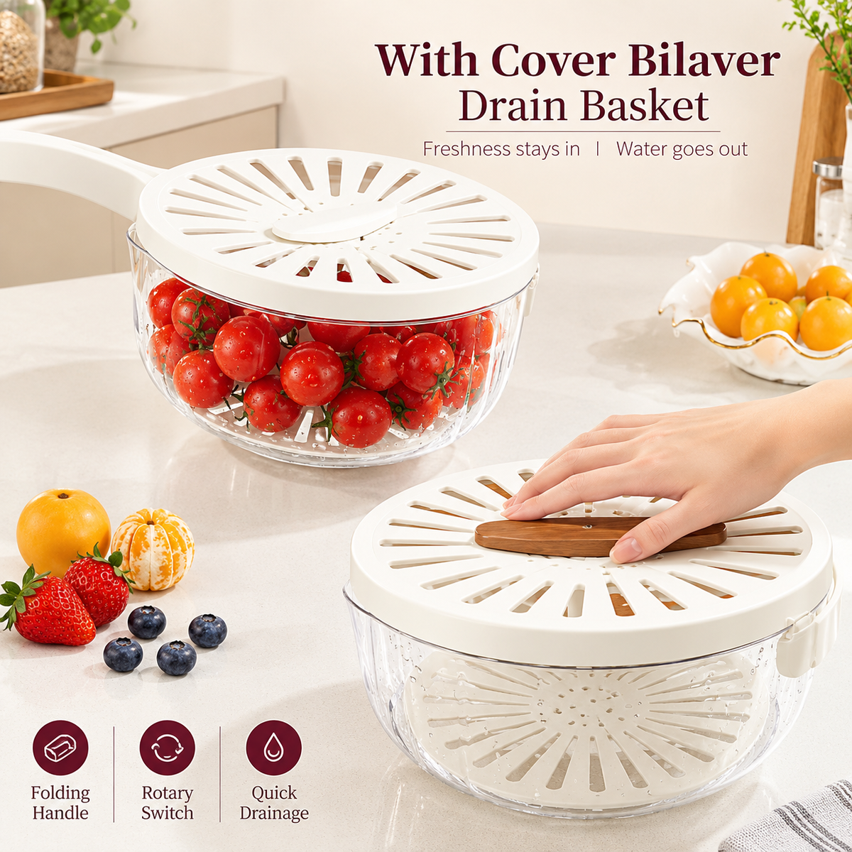 Fruit & Vegetable Drain Basket with Lid | Washing, Draining & Storage Container