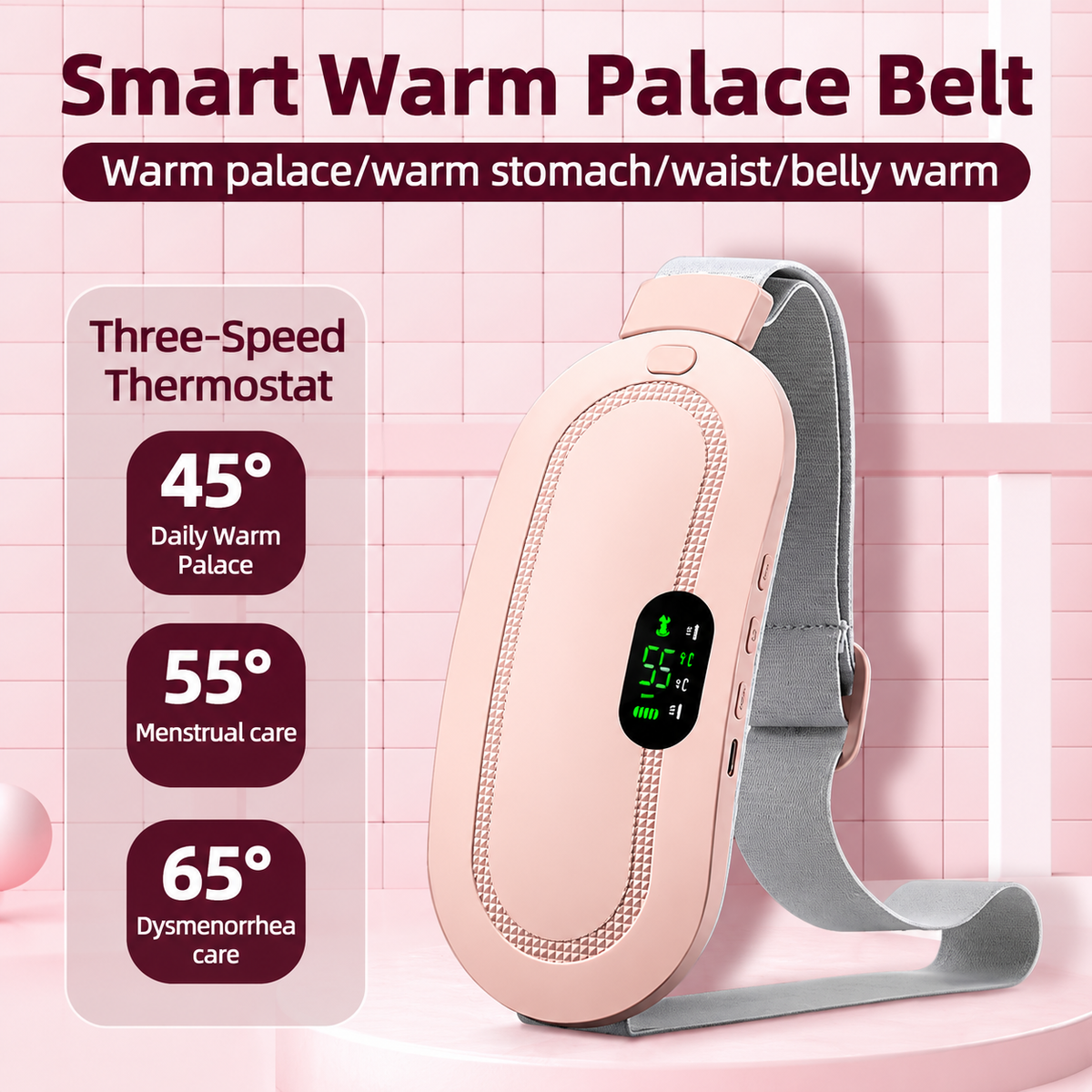 Portable Menstrual Heating Pad Belt for Period Pain & Cramp Relief – 3 Heat Levels & 4 Massage Modes