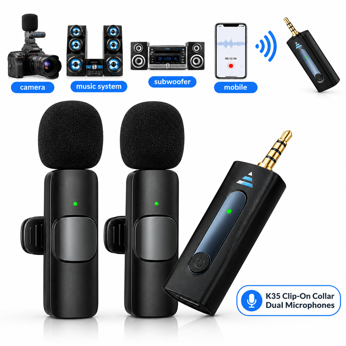 K35 Wireless Dual Microphone for Mobile & Camera | Professional Clip-On Mic System
