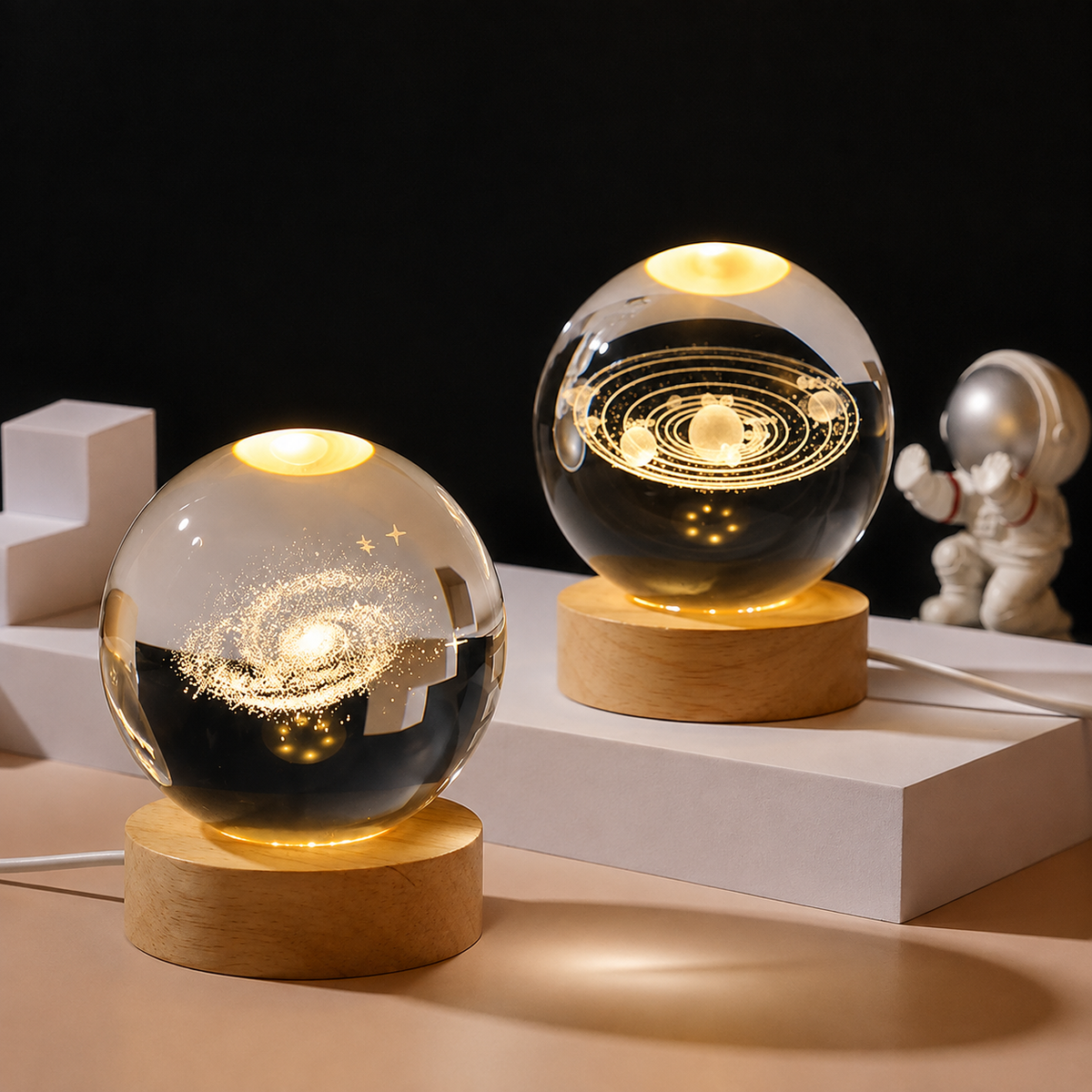 3D Crystal Ball LED Table Lamp | Laser Engraved Galaxy & Solar System Design