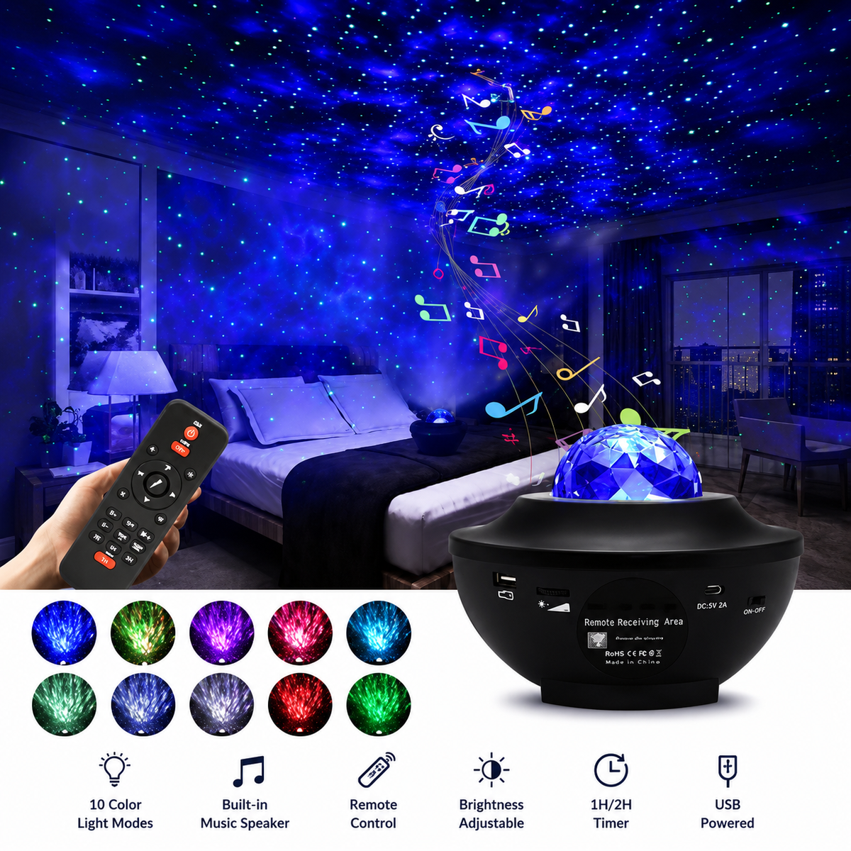 Galaxy Projector Night Light | Starry Sky LED Projector with Bluetooth & USB Music Player