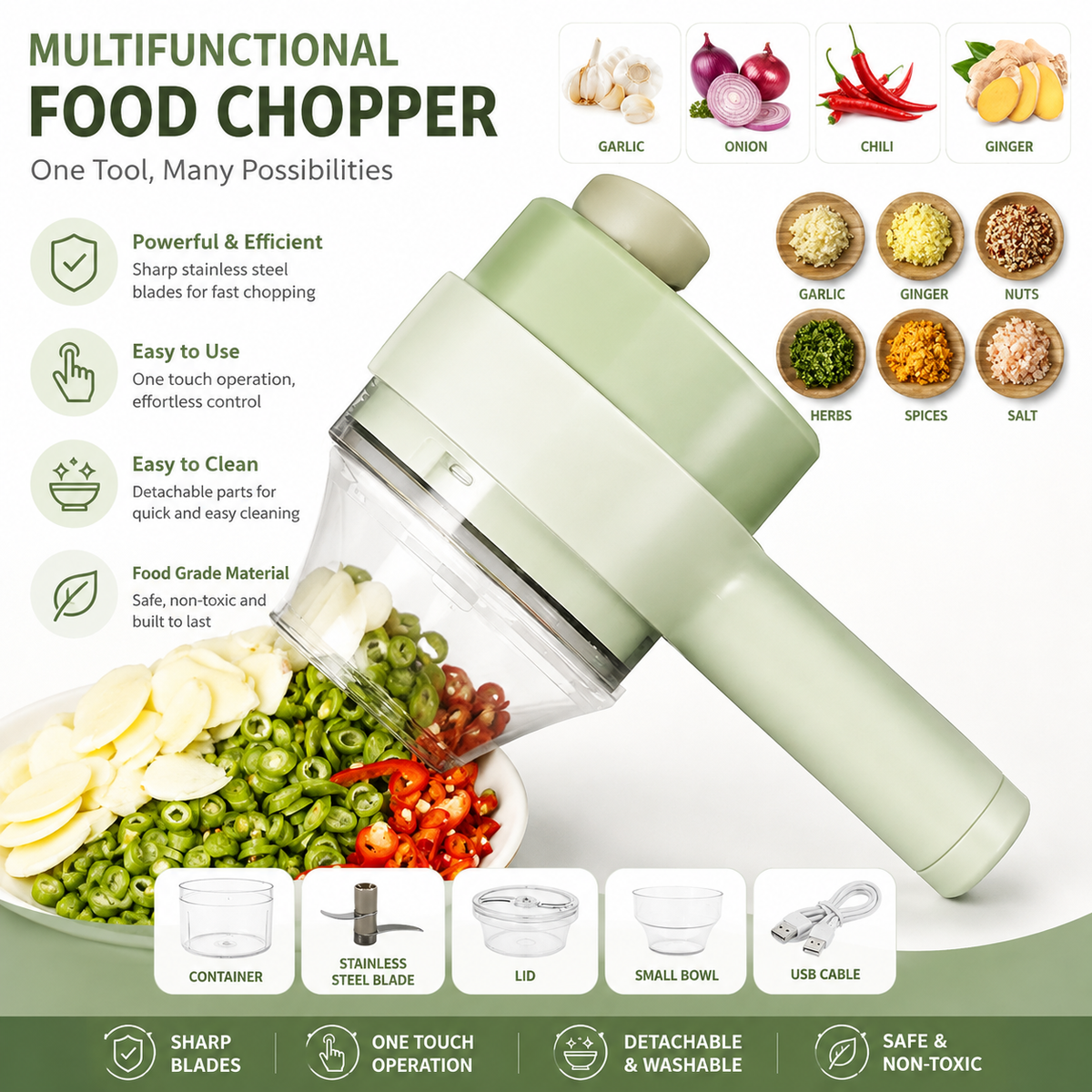 Electric Handheld Vegetable Cutter | Mini Food Chopper & Slicer with Stainless Steel Blade