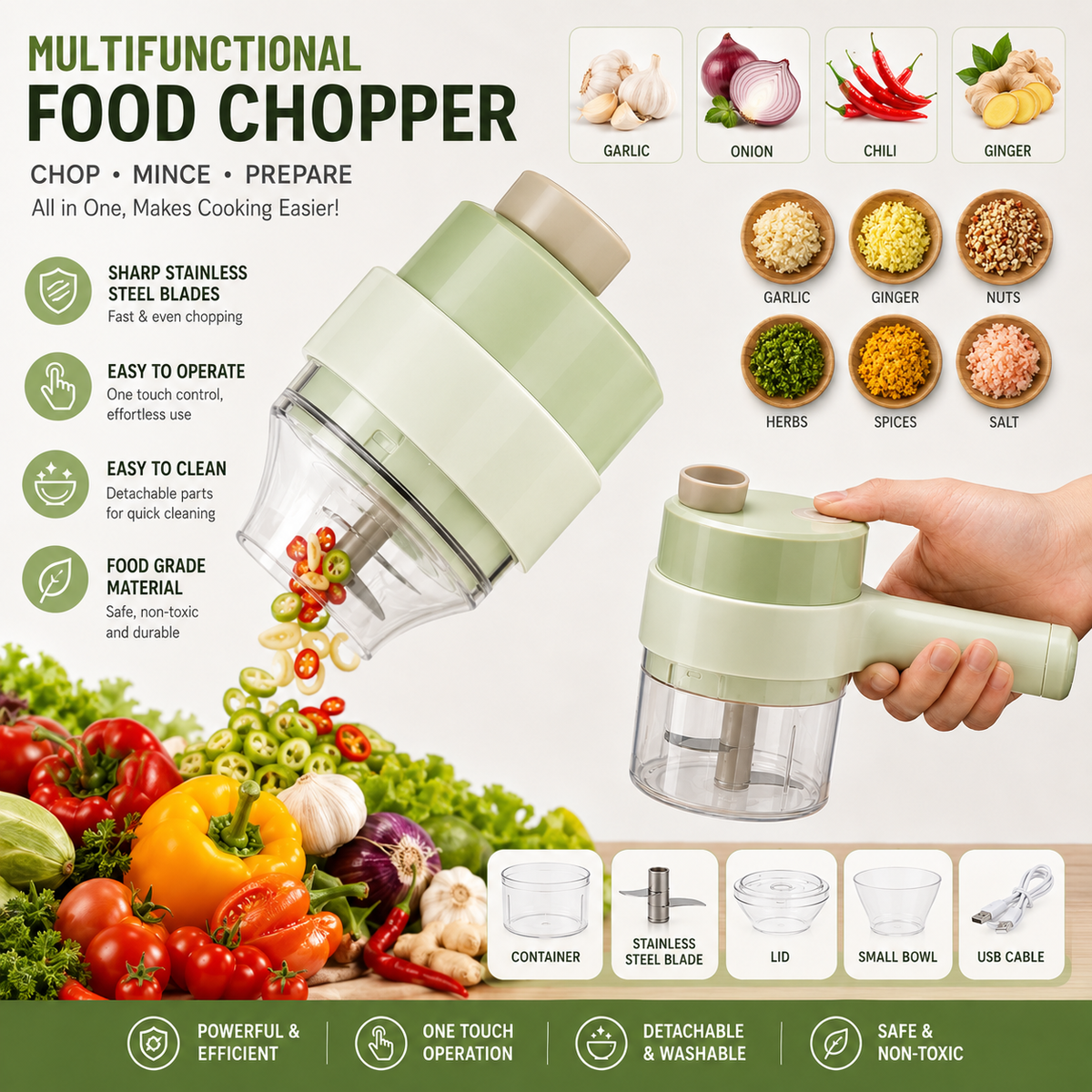 Electric Handheld Vegetable Cutter | Mini Food Chopper & Slicer with Stainless Steel Blade