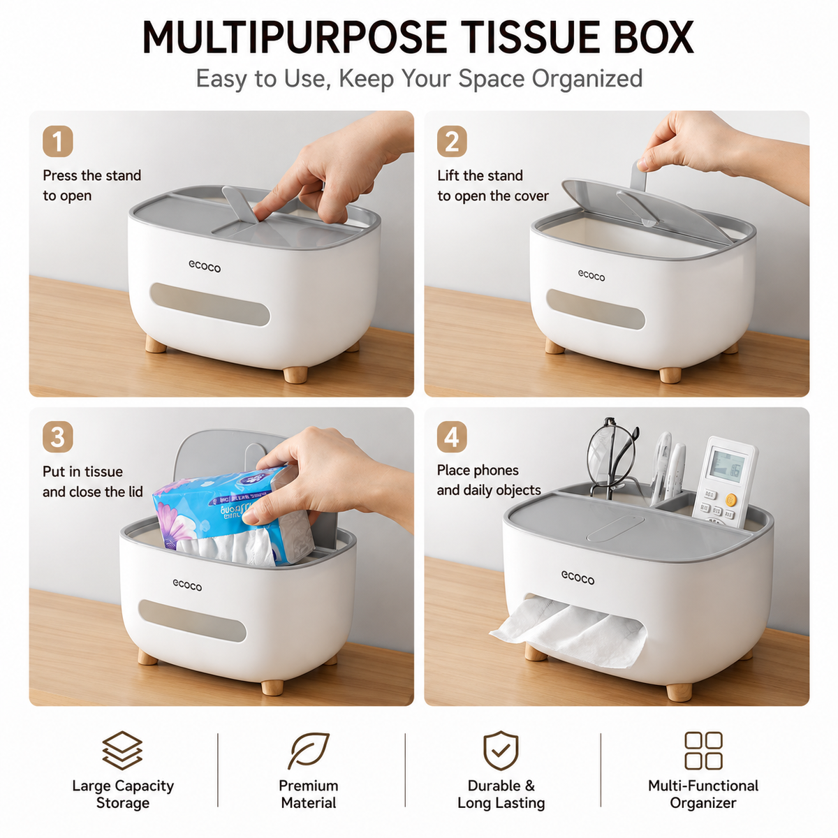 Ecoco Tissue Box with Storage Drawer | Multifunctional Desk & Remote Control Organizer