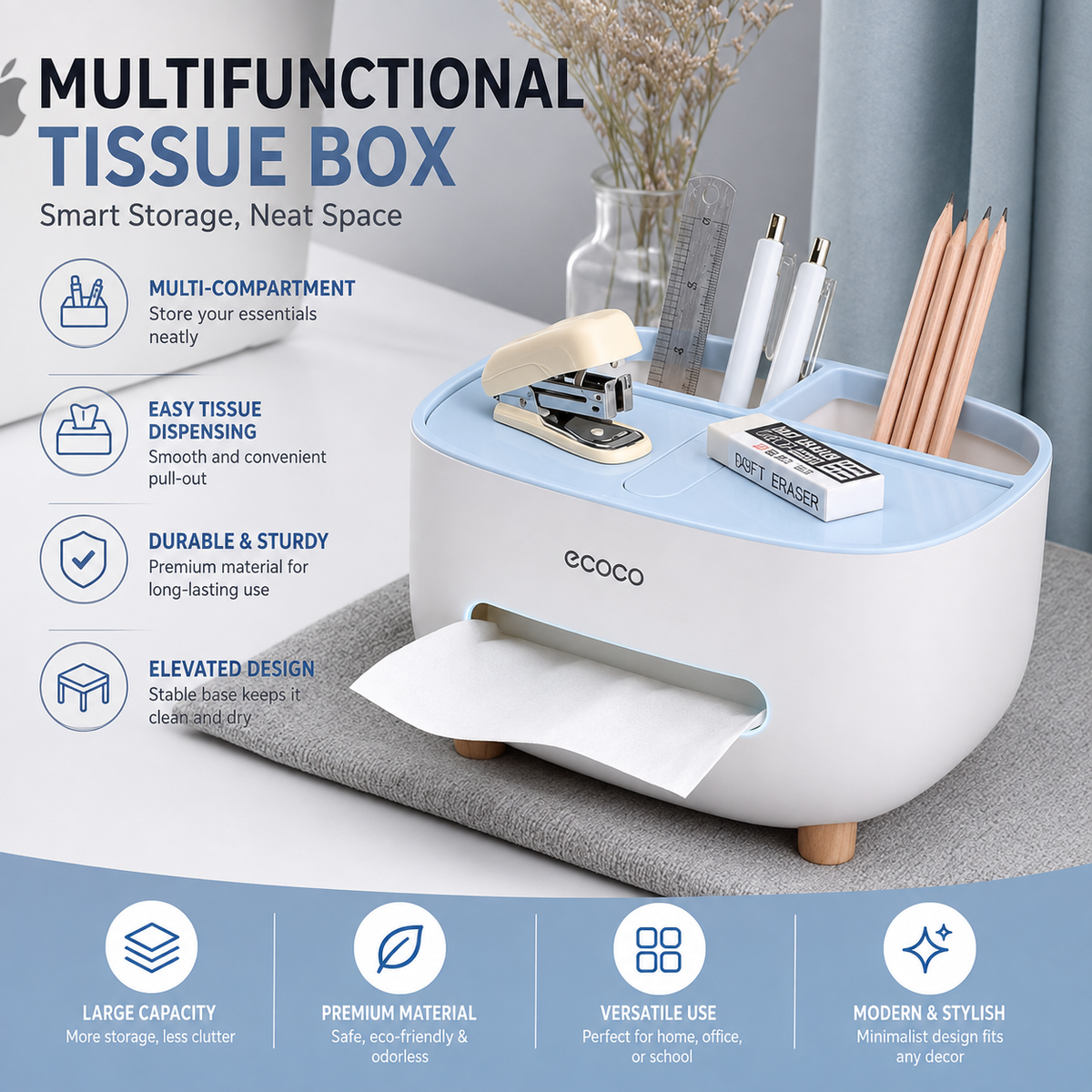 Ecoco Tissue Box with Storage Drawer | Multifunctional Desk & Remote Control Organizer